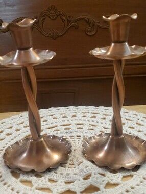 Gregorian Copper Twisted Stem Candlestick Holders - Pair